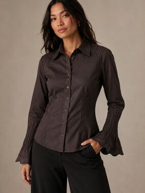 Romantic Dark Academia Pintuck Blouse Bell Sleeve Ethereal Top Size 12